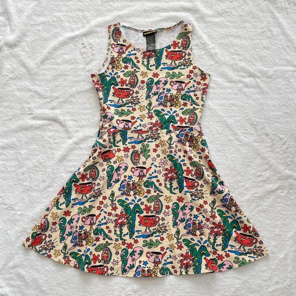 Nooworks Bug Out Print Skater Dress Womens Small Cream Multi Sleeveless Cotton